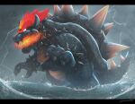  bowser bracelet breathing_fire claws collar fangs fire glowing glowing_eyes glowing_hair gonzarez highres horns jewelry mario_(series) mega_fury_bowser open_mouth rain solo spiked_armlet spiked_bracelet spiked_collar spiked_shell spikes storm super_mario_3d_world turtle_shell water 