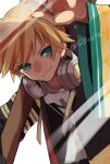  1boy aqua_eyes arm_up black_jacket blonde_hair commentary headphones headphones_around_neck ironaki jacket kagamine_len looking_at_viewer male_focus short_ponytail smile smug solo spiked_hair twitter_username vocaloid wide_sleeves 