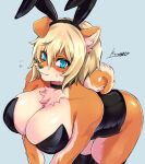  2020 anthro bent_over big_breasts biped black_choker black_clothing black_legwear black_leotard black_nose blonde_hair blue_eyes blush bodily_fluids breasts brown_body brown_fur bunny_costume canid canine canis cheek_tuft chest_tuft choker cleavage clothed clothing costume countershading curled_tail domestic_dog facial_tuft fake_ears fake_rabbit_ears female floppy_ears front_view fur fur_tuft hair hair_between_eyes hi_res inner_ear_fluff jewelry kemono kurosuke0755 leaning leaning_forward legwear looking_at_viewer mammal monotone_clothing multicolored_body multicolored_fur necklace orange_body orange_ears orange_fur orange_tail shiba_inu short_hair signature simple_background smile solo spitz standing stockings strapless_clothing strapless_leotard sweat tan_body tan_fur tan_inner_ear tan_tail thigh_highs tuft two_tone_body two_tone_fur two_tone_tail 