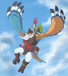  anthro armpit_hair avian beak bird body_hair breath_of_the_wild clothed clothing cloud corrsk digital_media_(artwork) feathers flying hi_res kass_(tloz) male nintendo outside rito sky solo the_legend_of_zelda video_games 