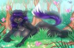  anthro big_breasts breasts canid canine canis cleavage clothed clothing digital_media_(artwork) female forest fur hair leonifa long_hair looking_at_viewer mammal nude plant solo tree wolf 
