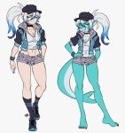  anthro bottomwear choker clothed clothing female frosty_(sharky) hair hi_res hotpants human jacket jewelry lokigunart mammal midriff_top multicolored_hair necklace shark_tooth_necklace shorts solo topwear 