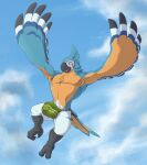  anthro armpit_hair avian beak big_bulge bird body_hair breath_of_the_wild bulge chest_tuft clothed clothing cloud corrsk digital_media_(artwork) feathers flying hi_res kass_(tloz) male nintendo outside pubes rito skimpy sky solo the_legend_of_zelda thong tuft underwear video_games 