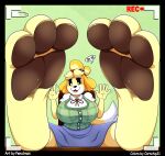  3_toes 5_fingers animal_crossing anthro big_breasts black_border border breasts brown_pawpads camera_view canid canine canis clothed clothing cornchip21 dialogue domestic_dog dress feet feet_up female fingers foot_focus heartman98 hi_res isabelle_(animal_crossing) looking_at_viewer mammal nintendo pawpads paws recording soles solo toes video_games 
