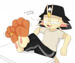  3_toes anthro barefoot clothed clothing dialogue digit_ring eyewear feet foot_focus glasses hat headgear headwear jewelry jinu jinu_(character) male meowth nintendo pawpads paws pink_pawpads pok&eacute;mon pok&eacute;mon_(species) ring soles solo toe_ring toes video_games 