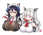  2girls :3 :p animal_ears bangs between_breasts blush braid breasts brown_bodysuit cat_ears cat_girl cross cross_earrings dark_blue_hair draculina_(last_origin) drinking_straw earrings eyebrows_visible_through_hair fang hair_between_eyes head_wings highres huge_breasts jewelry junsuina_fujunbutsu last_origin long_hair maid_headdress mole mole_on_breast mole_under_mouth multiple_braids multiple_girls necktie poi_(last_origin) pointy_ears purple_eyes red_eyes simple_background tomato_juice tongue tongue_out tri_braids twintails two_side_up white_background white_eyelashes white_hair yellow_eyes 