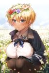  1girl bangs black_gloves black_jacket black_legwear blonde_hair blue_eyes blue_neckwear blue_skirt blue_sky blurry blush breasts button_gap collarbone collared_shirt cowboy_shot day depth_of_field eyebrows_visible_through_hair field flower flower_field girls_frontline gloves hair_between_eyes hair_ornament hands_on_own_knees head_wreath highres jacket large_breasts long_sleeves looking_to_the_side mole mole_under_eye neck_ribbon nelf outdoors pantyhose revision ribbon shirt shirt_tucked_in short_hair sidelocks signature skirt sky smile snap-fit_buckle snowflake_hair_ornament solo_focus sparkle squatting vsk-94_(girls_frontline) white_flower white_shirt 