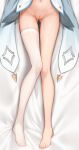  1girl absurdres ass_visible_through_thighs barefoot bed_sheet genshin_impact head_out_of_frame highres legs lumine_(genshin_impact) lying navel on_back pussy q_uouou single_thighhigh solo thighhighs white_legwear 