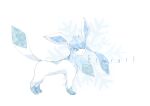  absurdres animal_focus blue_sclera character_name closed_mouth colored_sclera commentary_request from_side full_body gen_4_pokemon glaceon highres iogi_(iogi_k) looking_back no_humans pokemon pokemon_(creature) snowflakes solo standing white_background white_eyes 