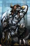  2017 anthro armor bondage_gear charr cigar ethanw felid female guild_wars hi_res horn mammal pose solo spikes standing text url video_games whip 