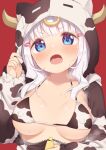  1girl animal_ears animal_print bangs blue_eyes blunt_bangs blush bra breasts collarbone commentary_request covered_nipples cow_ears cow_hood cow_horns cow_print eyebrows_visible_through_hair fake_animal_ears fangs gao hair_ornament hairclip hand_up hood hood_up horns jewelry long_hair looking_at_viewer medium_breasts muku_(muku-coffee) open_mouth original red_background ring silver_hair simple_background skin_fangs solo sweat underwear unzipped upper_body v-shaped_eyebrows white_bra 