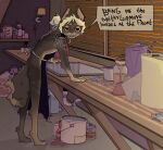  anthro apron apron_only breaking_bad brown_body canid canine canis clothing dialogue domestic_dog drugs furniture hair hi_res kasumibun lamp looking_at_viewer male mammal markings mostly_nude sage_kuwa salt sink solo speech_bubble table text white_hair window 