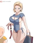  1boy 1girl android_18 bag bald blonde_hair blue_eyes breasts closed_mouth collarbone commentary dragon_ball dragon_ball_z dreyfos earrings english_commentary holding holding_bag jewelry kuririn large_breasts looking_at_viewer md5_mismatch out_of_frame patreon_username self_upload short_hair simple_background sketch solo_focus standing watermark web_address white_background 