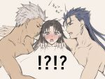  !? 1girl 2boys archer bangs black_hair blue_eyes blue_hair blush closed_eyes collarbone commentary_request cu_chulainn_(fate)_(all) dark_skin earrings fangs fate/stay_night fate_(series) grey_hair holding jewelry lancer long_hair lying mondi_hl multiple_boys on_bed open_mouth saliva short_hair sketch sleeping sweatdrop tohsaka_rin translation_request very_short_hair 