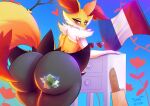  absurd_res anthro bedroom_eyes blush braixen butt_crush canid canine female french_flag fur glowing hi_res looking_at_viewer macro mammal narrowed_eyes nintendo pok&eacute;mon pok&eacute;mon_(species) red_body red_eyes red_fur seductive smolspearrow solo video_games yellow_body yellow_fur 