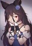  1girl animal_ears bangs bare_shoulders black_hair blue_dress blue_flower blush breasts collarbone commentary_request covering_one_eye crying crying_with_eyes_open detached_sleeves dress erune eyebrows_visible_through_hair flower glitch granblue_fantasy hair_flower hair_ornament highres long_hair nier_(granblue_fantasy) puffy_short_sleeves puffy_sleeves red_eyes short_sleeves sleeveless sleeveless_dress small_breasts solo tears uneg upper_body very_long_hair white_sleeves 