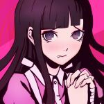  1girl bangs black_eyes black_hair blunt_bangs blush commentary danganronpa_(series) danganronpa_2:_goodbye_despair hands_clasped long_hair looking_at_viewer open_mouth own_hands_together pink_background pink_shirt qosic shirt solo sweatdrop tearing_up tsumiki_mikan upper_body 