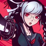  1girl black_serafuku black_shirt braid collarbone commentary danganronpa_(series) danganronpa_2:_goodbye_despair glasses hair_ornament holding holding_sword holding_weapon jpeg_artifacts katana long_hair looking_at_viewer neckerchief open_mouth pekoyama_peko qosic red_background red_eyes red_neckwear school_uniform serafuku shirt silver_hair solo sword twin_braids upper_body weapon 