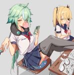  ... 2girls alternate_costume animal_ears antenna_hair blonde_hair blue_sailor_collar blue_skirt book bow bowtie breasts bubble_blowing cat_ears cellphone chair chewing_gum eyepatch eyewear_removed feet_on_table fischl_(genshin_impact) garter_straps genshin_impact glasses green_eyes green_hair grey_background grey_legwear hair_ribbon hand_up highres holding holding_phone kkry99 legs_up long_hair looking_at_viewer looking_to_the_side low_ponytail midriff_peek miniskirt multicolored_hair multiple_girls nail_polish neck_pillow orange_eyes painting_nails pantyhose pencil phone pleated_skirt red_neckwear revision ribbon sailor_collar school_uniform semi-rimless_eyewear serafuku shirt short_sleeves sitting skirt small_breasts smartphone speech_bubble streaked_hair sucrose_(genshin_impact) tears thighhighs two_side_up very_long_hair vision_(genshin_impact) white_shirt zettai_ryouiki 