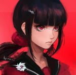  1girl bangs black_hair blunt_bangs closed_mouth commentary danganronpa_(series) danganronpa_v3:_killing_harmony english_commentary face hair_ornament hair_over_shoulder hairclip harukawa_maki long_hair low_twintails mole mole_under_eye pin qosic red_background red_eyes red_scrunchie red_shirt sailor_collar school_uniform scrunchie serafuku shirt simple_background solo twintails upper_body 