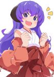  1girl :3 :d arms_up blush clenched_hands commentary detached_sleeves dot_nose excited eyebrows_visible_through_hair hakama hanyuu highres higurashi_no_naku_koro_ni japanese_clothes long_hair looking_at_viewer memoi miko open_mouth purple_eyes purple_hair red_hakama ribbon-trimmed_sleeves ribbon_trim shirt simple_background smile solo white_background white_shirt wide_sleeves 