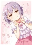  1girl :3 bangs brown_eyes collarbone eyebrows_visible_through_hair frilled_shirt frills hair_flaps hair_ornament hairclip highres idolmaster idolmaster_cinderella_girls koshimizu_sachiko looking_at_viewer pink_skirt puffy_short_sleeves puffy_sleeves purple_hair shirt short_hair short_sleeves skirt smile solo upper_body white_shirt yume_no_owari 