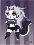  angry anthro black_nose border breasts butt canid canine chest_tuft chibi claws clothing collar demon eyebrows feet female fingers fur goth grey_body grey_fur hair helluva_boss hi_res hybrid j.fbelen long_hair loona_(vivzmind) mammal multicolored_body multicolored_fur pinup pose red_eyes simple_background solo tuft white_border 