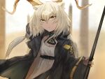  1girl animal_ears arknights bangs beeswax_(arknights) black_coat blonde_hair blurry blurry_background closed_mouth coat collar dark_skin day depth_of_field dress expressionless eyebrows_visible_through_hair goat_ears goat_girl goat_horns highres holding holding_staff horns long_hair long_sleeves looking_at_viewer low_twintails obelisk open_clothes open_coat outdoors raw_egg_lent silver_hair solo staff twintails upper_body white_dress wide_sleeves 