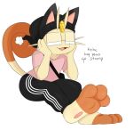  3_toes anthro barefoot clothed clothing dialogue eyewear feet glasses hands_on_cheeks hat headgear headwear hi_res jinu looking_at_foot male meowth nintendo pawpads paws pink_pawpads pok&eacute;mon pok&eacute;mon_(species) soles solo toes video_games 