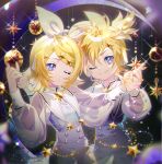  1boy 1girl bangs blonde_hair blue_eyes blurry bow collar commentary depth_of_field disco_ball hair_bow hair_ornament headphones holding_hands kagamine_len kagamine_rin looking_at_viewer nail_polish one_eye_closed pants puckered_lips sailor_collar sawashi_(ur-sawasi) see-through_sleeves shirt short_hair short_ponytail smile spiked_hair star_(symbol) star_hair_ornament star_ornament swept_bangs upper_body vocaloid white_bow white_collar white_pants white_shirt yellow_nails 