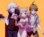  1girl 2boys :o ahoge alcohol animal_ears bangs black_cape black_gloves breasts brown_hair cape cat_ears cat_girl cat_paws cat_tail cleavage commentary cosplay cowboy_shot cup danganronpa_(series) danganronpa_2:_goodbye_despair detached_sleeves double-breasted drinking_glass elbow_gloves frankenstein&#039;s_monster frankenstein&#039;s_monster_(cosplay) fur_trim gloves grey_hair hair_ornament halloween_costume hand_up hinata_hajime komaeda_nagito large_breasts leotard light_brown_hair long_hair looking_at_viewer medium_hair multicolored_hair multiple_boys nanami_chiaki open_mouth orange_background paws pink_hair qosic red_cape short_hair sketch spiked_hair tail two-tone_hair vampire_costume wine wine_glass 