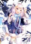  1girl :d beryl_(blueberylpie) blue_bow blue_dress blue_eyes blue_nails blue_neckwear blurry blurry_background blush boots bow bowtie breasts center_frills dress dutch_angle frills gawr_gura hair_ornament highres hololive hololive_english long_hair looking_afar open_mouth sharp_teeth signature silver_hair small_breasts smile snowflake_print snowflakes snowing solo standing star_(symbol) star_hair_ornament teeth thighhighs twitter_username two_side_up virtual_youtuber waving white_legwear 