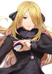  1girl black_dress black_jacket blonde_hair closed_mouth commentary cynthia_(pokemon) dress english_commentary fur-trimmed_jacket fur-trimmed_sleeves fur_collar fur_trim hair_ornament hair_over_one_eye highres holding holding_poke_ball jacket kamu_(kamuuei) long_hair long_sleeves looking_at_viewer one_eye_covered poke_ball poke_ball_(basic) pokemon pokemon_(game) pokemon_dppt purple_eyes simple_background smile solo upper_body very_long_hair white_background 