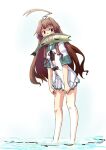  1girl ahoge aqua_sailor_collar bangs brown_eyes brown_hair fish gyorui_(amezari) huge_ahoge kantai_collection kuma_(kantai_collection) long_hair mouth_hold neck_ribbon pleated_skirt red_neckwear red_ribbon remodel_(kantai_collection) ribbon salmon school_uniform serafuku short_sleeves skirt solo white_skirt 