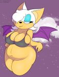  anthro belly big_belly big_breasts bottomless breasts chiropteran clothed clothing female foxball hair hi_res looking_at_viewer lying mammal naughty_face on_front outside overweight overweight_anthro overweight_female partially_clothed rouge_the_bat sky smile solo sonic_the_hedgehog_(series) standing 