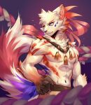  anthro asian_clothing asian_mythology belt canid canine canis clothing domestic_dog east_asian_clothing east_asian_mythology hi_res japanese_clothing japanese_mythology koll male mammal multicolored_body muscular muscular_anthro muscular_male mythology purple_background red_theme rope rope_belt sdorica_sunset simple_background solo tattoorexy two_tone_body unknown_artist 