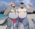  2021 absurd_res anthro beach beard belly black_hair bulge canid canine canis clothing cougar day devil_horns_(gesture) domestic_dog duo eyewear facial_hair felid feline flufflecraft gesture glasses grey_body hair hi_res husky looking_at_viewer male mammal multicolored_body musclegut muscular muscular_anthro muscular_male nipples nordic_sled_dog open_mouth open_smile outside overweight overweight_anthro overweight_male pink_hair sand seaside smile speedo spitz standing swimwear two_tone_body v_sign water 