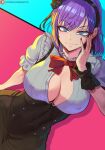  1girl blue_eyes breasts cleavage commentary covered_navel covered_nipples dagashi_kashi highres large_breasts light_smile long_hair looking_at_viewer nail_polish purple_hair shexyo shidare_hotaru smile solo 