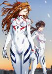  blue_eyes breasts brown_hair covered_navel evangelion:_3.0+1.0_thrice_upon_a_time glasses gloves hands_on_hips headgear highres kiyohisa long_hair looking_to_the_side makinami_mari_illustrious neon_genesis_evangelion open_mouth plugsuit rebuild_of_evangelion shikinami_asuka_langley skin_tight souryuu_asuka_langley 