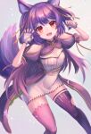  .live 1girl animal_ears breasts commentary_request denchi_more_power fingerless_gloves gloves highres long_hair open_mouth purple_hair red_eyes rurun_rururica simple_background small_breasts solo tail thighhighs virtual_youtuber white_background wolf_ears wolf_tail 