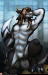  2017 anthro charr claws ethanw felid female genitals guild_wars hi_res horn mammal muscular muscular_anthro muscular_female nipples nude pose pussy scar solo video_games 
