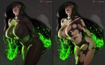  1girl alternate_breast_size before_and_after big_hair black_bodysuit black_lips black_lipstick bodysuit breasts cleavage commentary covered_nipples cowboy_shot dissolving_clothes english_commentary fire flaming_hand gloves glowing_hands green_bodysuit green_eyes green_fire green_gloves highres huge_breasts impossible_bodysuit impossible_clothes kim_possible leaning_forward lipstick long_hair makeup multicolored multicolored_bodysuit multicolored_clothes nose patreon_username rejean_dubois shego sidelighting skin_tight solo stomach thick_thighs thighs toned torn_bodysuit torn_clothes very_long_hair watermark web_address 