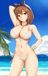  1girl arciealbano arm_behind_head arm_up armpits atelier_(series) atelier_ryza bangs bare_shoulders beach bikini blue_sky blush braid breasts brown_eyes brown_hair cleavage collarbone hairband highres jewelry key large_breasts looking_at_viewer navel necklace open_mouth reisalin_stout shore short_hair side_braid sky smile solo swimsuit thighs 