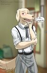  anthro beastars bird_dog blurred_background blush canid canine canis clothed clothing domestic_dog fangs floppy_ears fully_clothed hi_res hunting_dog jack_(beastars) labrador male mammal necktie retriever school_uniform solo speech_bubble tailwag text thekinkybear uniform 