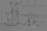  2021 ambiguous_gender anthro arctic_fox bodily_fluids canid canine clothed clothing cooking detailed_background disney drooling duo ear_markings facial_markings food fox fur grilled_cheese head_markings head_tuft jack_savage kitchen lagomorph leporid mammal markings monochrome rabbit saliva sandwich_(food) shirt sink skye_(zootopia) t-shirt tailwag tggeko topwear tuft zootopia 