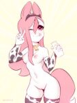  absurd_res accessory animal_print anthro bell bottle bottle_of_milk brand_new_animal breasts canid canine clothing collar cow_print female fox gloves handwear headband hi_res legwear mammal nazuna_hiwatashi nepentz one_eye_closed small_breasts smile solo stockings studio_trigger tongue tongue_out wink 