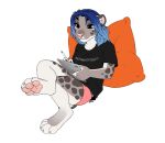  4_toes 5_fingers anthro blue_eyes blue_hair breasts eyebrows eyelashes feet felid feline female fingers hair hi_res mammal oduvan773 pillow pink_nose simple_background smu solo toes white_background 