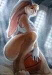  anthro ball basketball basketball_(ball) bent_over big_breasts blonde_hair blue_eyes breasts clothed clothing detailed_background female fur hair hi_res inner_ear_fluff inside juliathedragoncat lagomorph leporid lola_bunny looney_tunes low-angle_view mammal rabbit solo teeth thick_thighs tuft warner_brothers wide_hips 