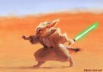 ambiguous_gender anthro belt blue_sky canid canine clothing desert digital_media_(artwork) digital_painting_(artwork) digitigrade dipstick_tail ears_back energy_sword energy_weapon fennec fighting_pose fox green_lightsaber hi_res holding_object holding_weapon hood jedi kelvin_liew lightsaber mammal melee_weapon multicolored_tail narrowed_eyes pivoted_ears pose simple_background sky solo squint star_wars sword tunic weapon 
