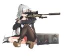  1girl aiming bipod blue_eyes boots c14_(girls_frontline) c14_timberwolf case clov3r girls_frontline gun highres holding holding_gun holding_weapon indian_style long_hair mismatched_legwear rifle scope short_shorts shorts silver_hair single_thighhigh sitting sniper_rifle solo suppressor thighhighs trigger_discipline very_long_hair weapon white_background 